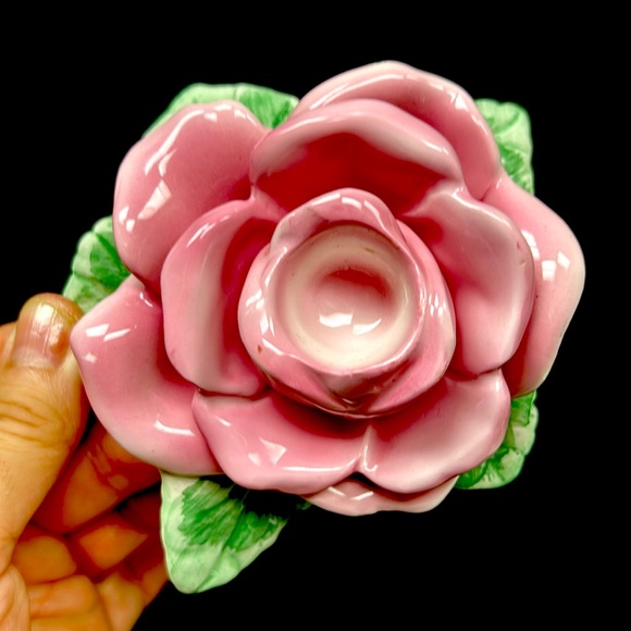 Vintage hand painted glazed porcelain pink rose taper  candle holders - Picture 2 of 9